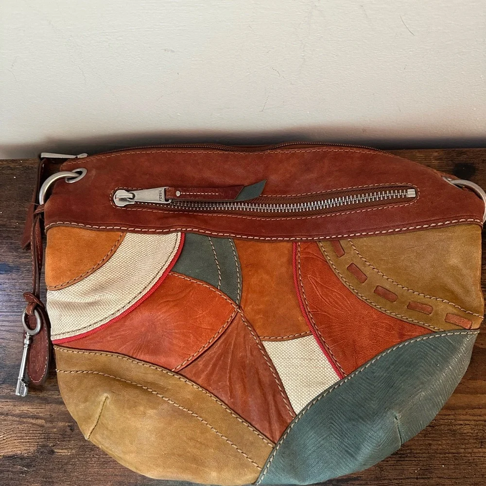 FOSSIL Leather Patchwork Shoulder Bag Crossbody Hobo Handbag Purse VINTAGE - Picture 14 of 15